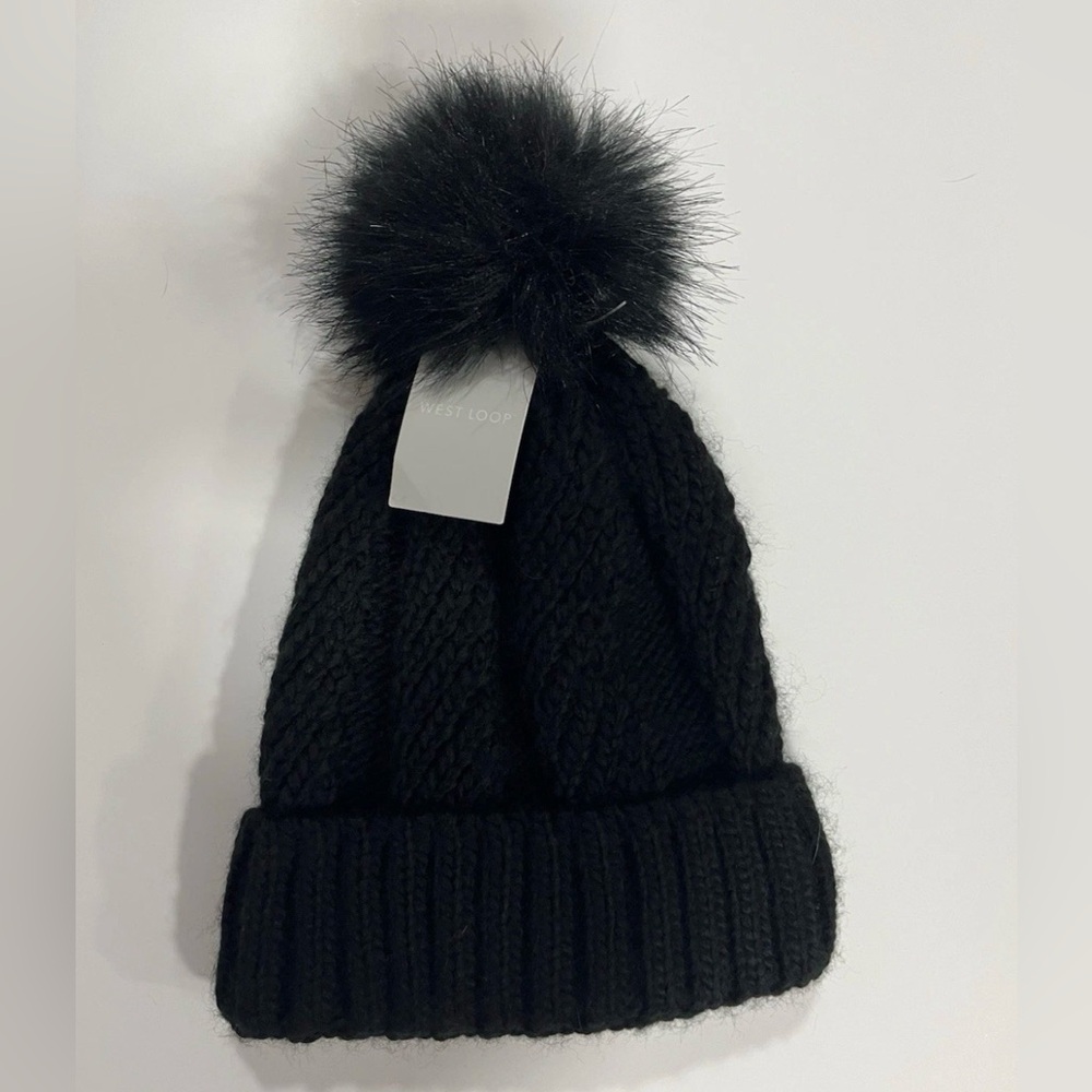 Black Cable Knit Beanie with Faux Fur Pom NWT by West Loop